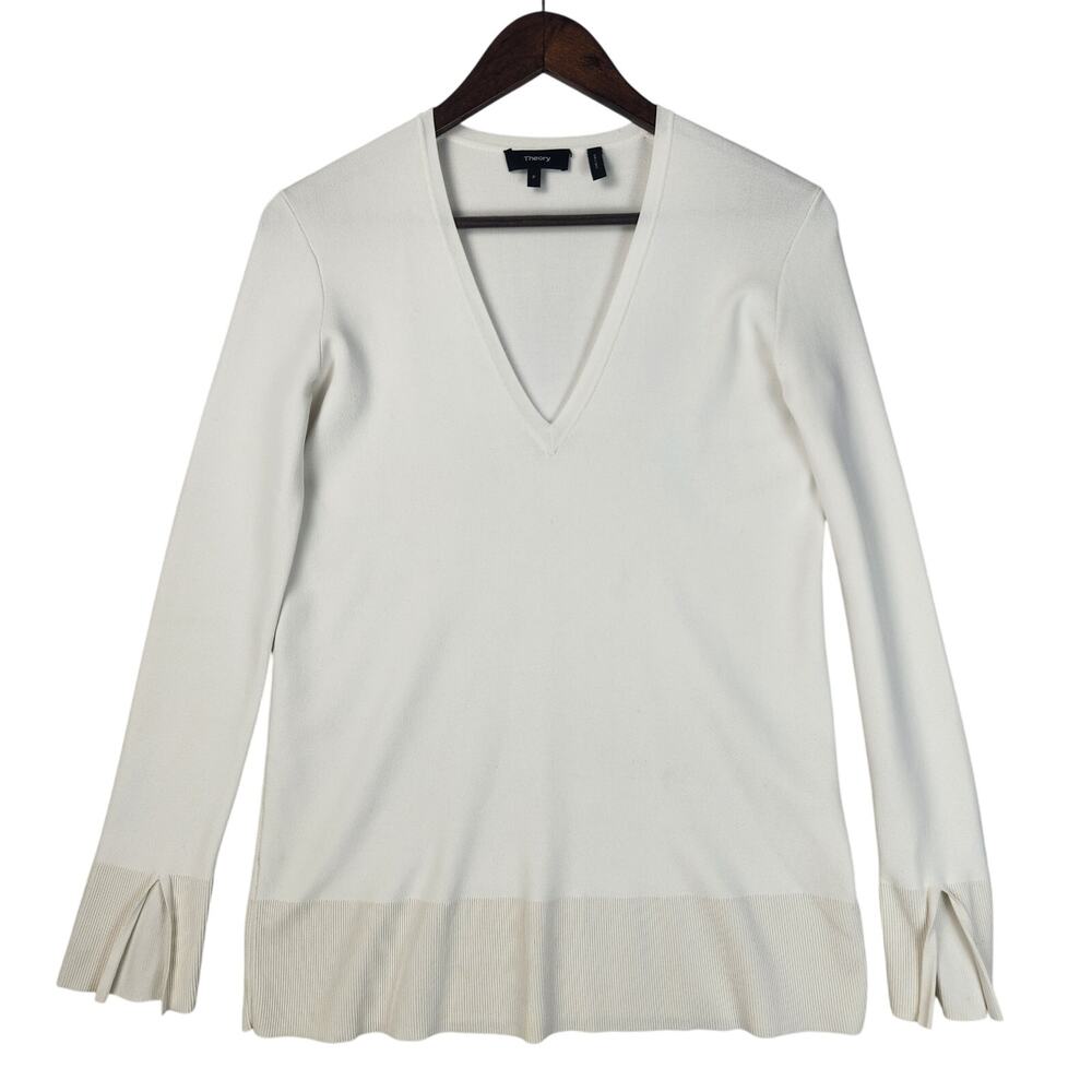Theory Womens Britona Lustrate Split Cuff V-Neck Sweater SZ SM Ivory Knit